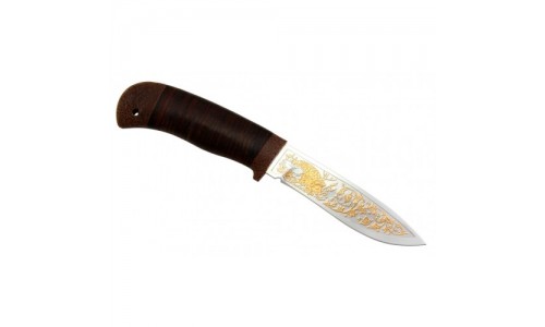 Нож "Грибник" рукоять - кожа,  позолота, сталь 95х18 (ООО "РОС оружие")